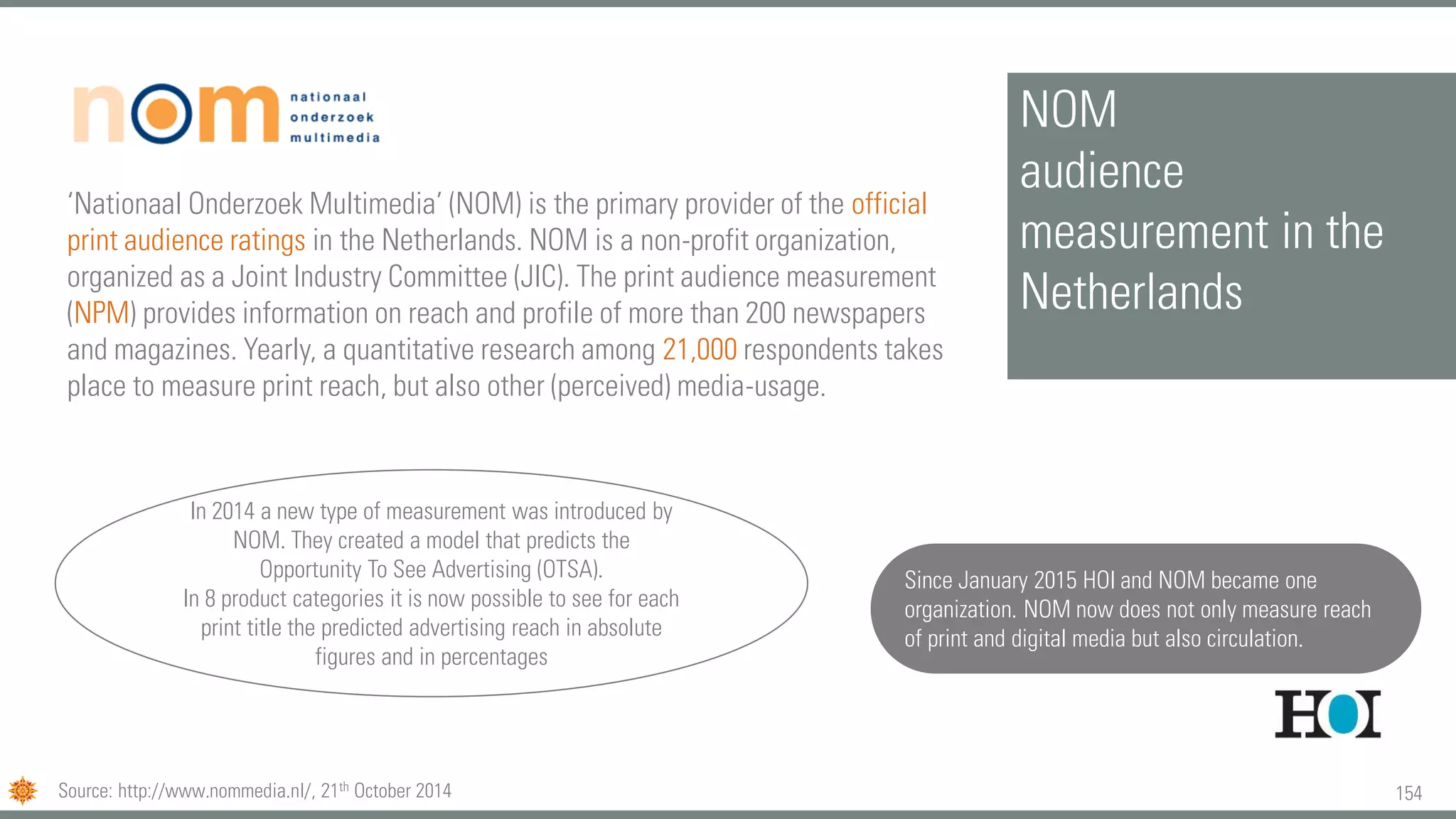 154
NOM
audience
measurement in the
Netherlands
‘Nationaal Onderzoek Multimedia’ (NOM) is the primary provider of the official
print audience ratings in the Netherlands. NOM is a non-profit organization,
organized as a Joint Industry Committee (JIC). The print audience measurement
(NPM) provides information on reach and profile of more than 200 newspapers
and magazines. Yearly, a quantitative research among 21,000 respondents takes
place to measure print reach, but also other (perceived) media-usage.
Source: http://www.nommedia.nl/, 21th October 2014
In 2014 a new type of measurement was introduced by
NOM. They created a model that predicts the
Opportunity To See Advertising (OTSA).
In 8 product categories it is now possible to see for each
print title the predicted advertising reach in absolute
figures and in percentages
Since January 2015 HOI and NOM became one
organization. NOM now does not only measure reach
of print and digital media but also circulation.
 