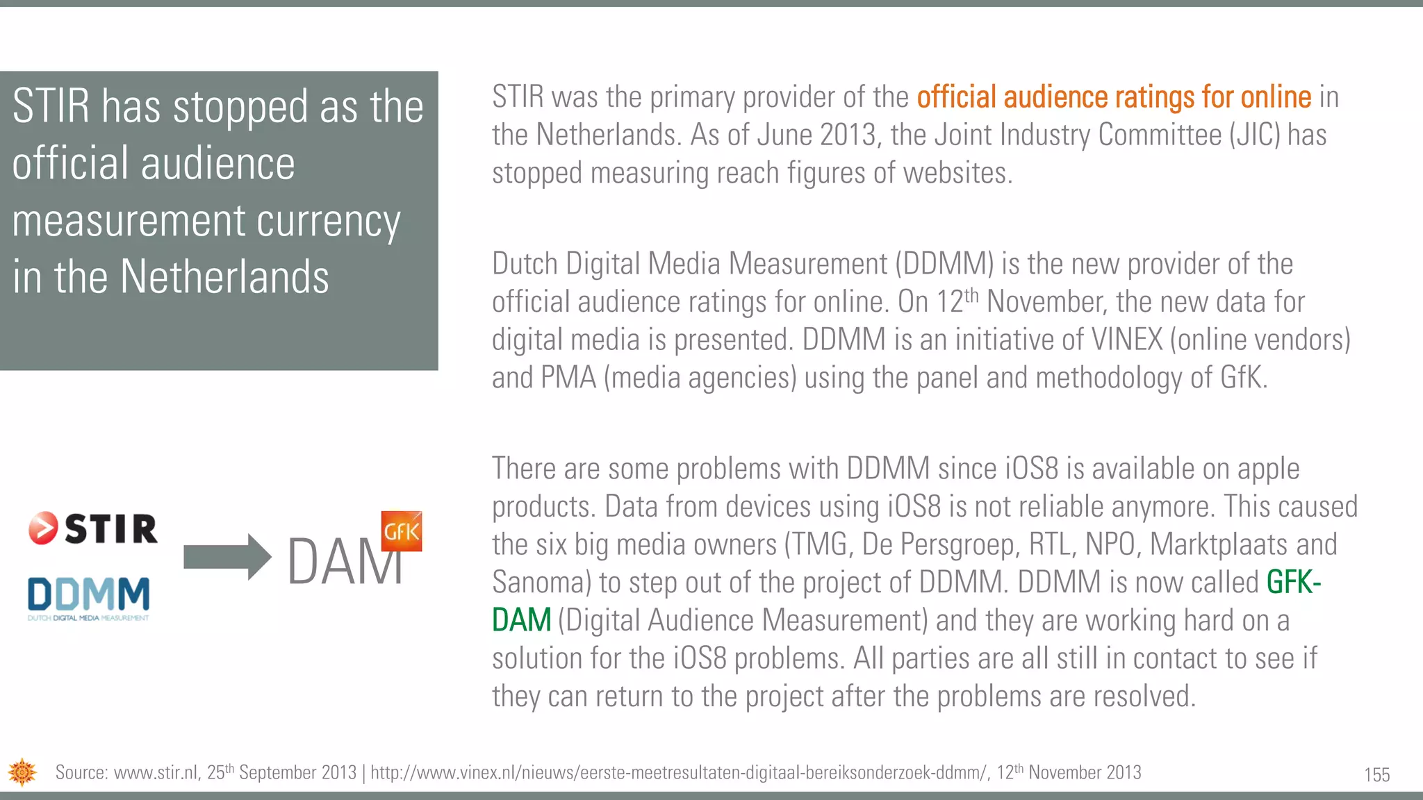 155
STIR has stopped as the
official audience
measurement currency
in the Netherlands
STIR was the primary provider of the official audience ratings for online in
the Netherlands. As of June 2013, the Joint Industry Committee (JIC) has
stopped measuring reach figures of websites.
Dutch Digital Media Measurement (DDMM) is the new provider of the
official audience ratings for online. On 12th November, the new data for
digital media is presented. DDMM is an initiative of VINEX (online vendors)
and PMA (media agencies) using the panel and methodology of GfK.
There are some problems with DDMM since iOS8 is available on apple
products. Data from devices using iOS8 is not reliable anymore. This caused
the six big media owners (TMG, De Persgroep, RTL, NPO, Marktplaats and
Sanoma) to step out of the project of DDMM. DDMM is now called GFK-
DAM (Digital Audience Measurement) and they are working hard on a
solution for the iOS8 problems. All parties are all still in contact to see if
they can return to the project after the problems are resolved.
Source: www.stir.nl, 25th September 2013 | http://www.vinex.nl/nieuws/eerste-meetresultaten-digitaal-bereiksonderzoek-ddmm/, 12th November 2013
DAM
 