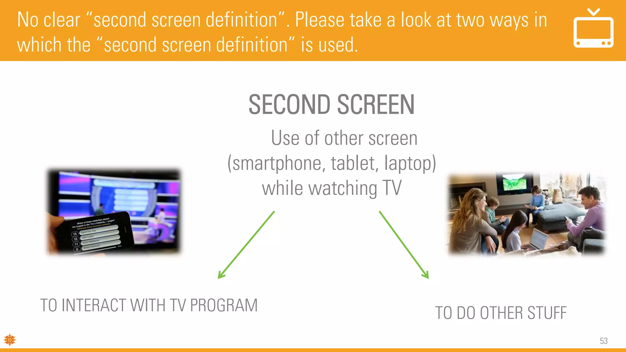 53
SECOND SCREEN
Use of other screen
(smartphone, tablet, laptop)
while watching TV
No clear “second screen definition”. Please take a look at two ways in
which the “second screen definition” is used.
TO INTERACT WITH TV PROGRAM TO DO OTHER STUFF
 