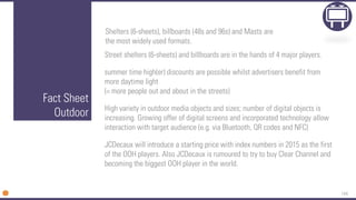 144
Fact Sheet
Outdoor
Street shelters (6-sheets) and billboards are in the hands of 4 major players.
summer time high(er) discounts are possible whilst advertisers benefit from
more daytime light
(= more people out and about in the streets)
High variety in outdoor media objects and sizes; number of digital objects is
increasing. Growing offer of digital screens and incorporated technology allow
interaction with target audience (e.g. via Bluetooth, QR codes and NFC)
JCDecaux will introduce a starting price with index numbers in 2015 as the first
of the OOH players. Also JCDecaux is rumoured to try to buy Clear Channel and
becoming the biggest OOH player in the world.
Shelters (6-sheets), billboards (48s and 96s) and Masts are
the most widely used formats.
 