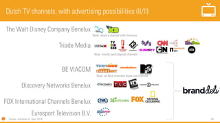 59
The Walt Disney Company Benelux
Triade Media
BE VIACOM
Discovery Networks Benelux
FOX International Channels Benelux
Dutch TV channels, with advertising possibilities (II/II)
Note: share a channel with Veronica
Note: mostly paid (digital) channels
Note: all Nick channels share one channel.
Eurosport Television B.V.
Source: retriever.nl, Sept 2014
 