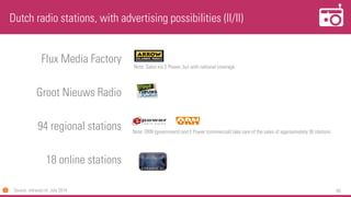 85
Flux Media Factory
Groot Nieuws Radio
94 regional stations
18 online stations
Dutch radio stations, with advertising possibilities (II/II)
Note: ORN (government) and E Power (commercial) take care of the sales of approximately 30 stations
Note: Sales via E Power, but with national coverage
Source: retriever.nl, July 2014
 