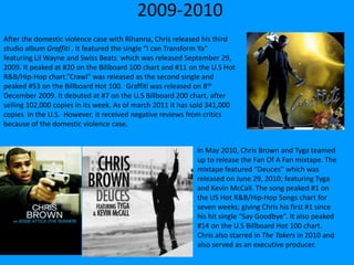 2009-2010
After the domestic violence case with Rihanna, Chris released his third
studio album Graffiti . It featured the single “I can Transform Ya”
featuring Lil Wayne and Swiss Beats which was released September 29,
2009. It peaked at #20 on the Billboard 100 chart and #11 on the U.S Hot
R&B/Hip-Hop chart.”Crawl” was released as the second single and
peaked #53 on the Billboard Hot 100. Graffiti was released on 8th
December 2009. It debuted at #7 on the U.S Billboard 200 chart, after
selling 102,000 copies in its week. As of march 2011 it has sold 341,000
copies in the U.S. However, it received negative reviews from critics
because of the domestic violence case.
In May 2010, Chris Brown and Tyga teamed
up to release the Fan Of A Fan mixtape. The
mixtape featured “Deuces” which was
released on June 29, 2010; featuring Tyga
and Kevin McCall. The song peaked #1 on
the US Hot R&B/Hip-Hop Songs chart for
seven weeks; giving Chris his first #1 since
his hit single “Say Goodbye”. It also peaked
#14 on the U.S Billboard Hot 100 chart.
Chris also starred in The Takers in 2010 and
also served as an executive producer.
 