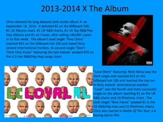 2013-2014 X The Album
Chris released his long delayed sixth studio album X on
September 16, 2014. It debuted #2 on the Billboard 200,
#1 UK Albums chart, #1 UK R&B charts, #1 US Top R&B/Hip-
Hop Albums and #1 on iTunes, after selling 146,000 copies
in its first week. The album’s lead single “Fine China”
reached #31 on the billboard Hot 100 and toped forty
several international markets. Its second single “Don’t
Think They Know” featuring the late Aaliyah peaked #29 on
the U.S Hot R&B/Hip-Hop songs chart.
“Love More” featuring Nicki Minaj was the
third single and reached #23 on the
billboard hot 100 and reached the top ten
in forty several international markets.
“Loyal” was the fourth and most successful
single on the album reaching #1 on the UK
R&B charts and US Rhythmic chart. The
sixth single “New Flame” peaked #1 in the
US R&B/Hip-Hop and US Rhythmic charts.
Chris also starred in Battle Of The Year; a b-
boying dance film.
 