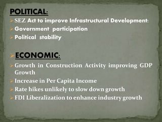 SEZ Act to improve Infrastructural Development:
 Government participation
 Political stability
ECONOMIC:
 Growth in Construction Activity improving GDP
Growth
 Increase in Per Capita Income
 Rate hikes unlikely to slow down growth
 FDI Liberalization to enhance industry growth
 