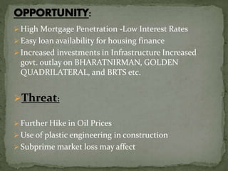  High Mortgage Penetration -Low Interest Rates
 Easy loan availability for housing finance
 Increased investments in Infrastructure Increased
govt. outlay on BHARATNIRMAN, GOLDEN
QUADRILATERAL, and BRTS etc.
Threat:
 Further Hike in Oil Prices
 Use of plastic engineering in construction
 Subprime market loss may affect
 
