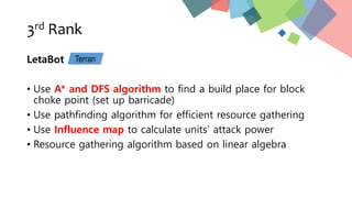 3rd Rank
LetaBot
• Use A* and DFS algorithm to find a build place for block
choke point (set up barricade)
• Use pathfinding algorithm for efficient resource gathering
• Use Influence map to calculate units’ attack power
• Resource gathering algorithm based on linear algebra
Terran
 