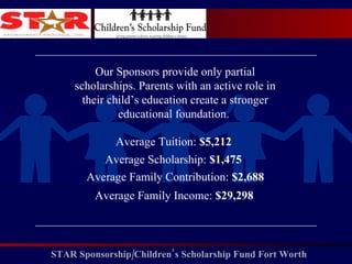 Average Scholarship:  $1,475 Average Tuition:  $5,212 Average Family Contribution:  $2,688 Average Family Income:  $29,298 Our Sponsors provide only partial scholarships. Parents with an active role in their child’s education create a stronger educational foundation.  