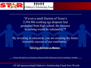 “ If even a small fraction of Texas’s 2,594,986 working age dropouts had graduated from high school, the increase in earning would be substantial.”* *From  The High Cost of Failing to Reform Public Education in Texas  by Brian J. Gottlob By investing in education, you are ensuring the future economic success of our community.  Giving parents a choice. Giving children a chance. 