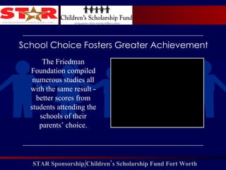 The Friedman Foundation compiled numerous studies all with the same result - better scores from students attending the schools of their parents’ choice. School Choice Fosters Greater Achievement 