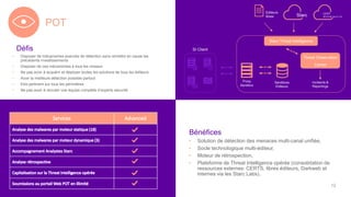 Défis
• Disposer de mécanismes avancés de détection sans remettre en cause les
précédents investissements
• Disposer de ces mécanismes à tous les niveaux
• Ne pas avoir à acquérir et déployer toutes les solutions de tous les éditeurs
• Avoir la meilleure détection possible partout
• Etre pertinent sur tous les périmètres
• Ne pas avoir à recruter une équipe complète d’experts sécurité
Bénéfices
• Solution de détection des menaces multi-canal unifiée,
• Socle technologique multi-éditeur,
• Moteur de rétrospection,
• Plateforme de Threat Intelligence opérée (consolidation de
ressources externes: CERTS, libres éditeurs, Darkweb et
internes via les Starc Labs).
POT
Editeurs
libres
SI Client
Proxy
Sandbox
Starc Threat Intelligence
Sandboxs
Editeurs
Threat Observation
Center
Incidents &
Reportings
12
 