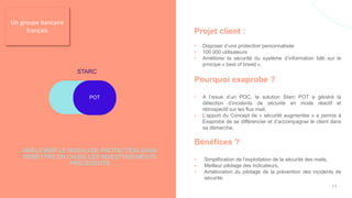Projet client :
• Disposer d’une protection personnalisée
• 100 000 utilisateurs
• Améliorer la sécurité du système d’information bâti sur le
principe « best of breed »,
Pourquoi exaprobe ?
• A l’issue d’un POC, la solution Starc POT a généré la
détection d’incidents de sécurité en mode réactif et
rétrospectif sur les flux mail,
• L’apport du Concept de « sécurité augmentée » a permis à
Exaprobe de se différencier et d’accompagner le client dans
sa démarche,
Bénéfices ?
• Simplification de l’exploitation de la sécurité des mails,
• Meilleur pilotage des indicateurs,
• Amélioration du pilotage de la prévention des incidents de
sécurité.
AMÉLIORER LE NIVEAU DE PROTECTION SANS
REMETTRE EN CAUSE LES INVESTISSEMENTS
PRÉCÉDENTS
STARC
POT
Un groupe bancaire
français
17
 