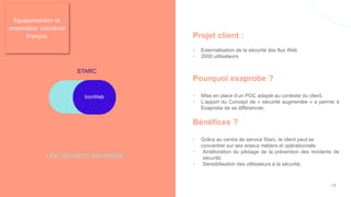 Projet client :
• Externalisation de la sécurité des flux Web
• 2000 utilisateurs
Pourquoi exaprobe ?
• Mise en place d’un POC adapté au contexte du client,
• L’apport du Concept de « sécurité augmentée » a permis à
Exaprobe de se différencier,
Bénéfices ?
• Grâce au centre de service Starc, le client peut se
concentrer sur ses enjeux métiers et opérationnels.
• Amélioration du pilotage de la prévention des incidents de
sécurité.
• Sensibilisation des utilisateurs à la sécurité.
UNE SECURITE MAITRISÉE ….
STARC
IronWeb
Equipementier et
ensemblier industriel
français
19
 