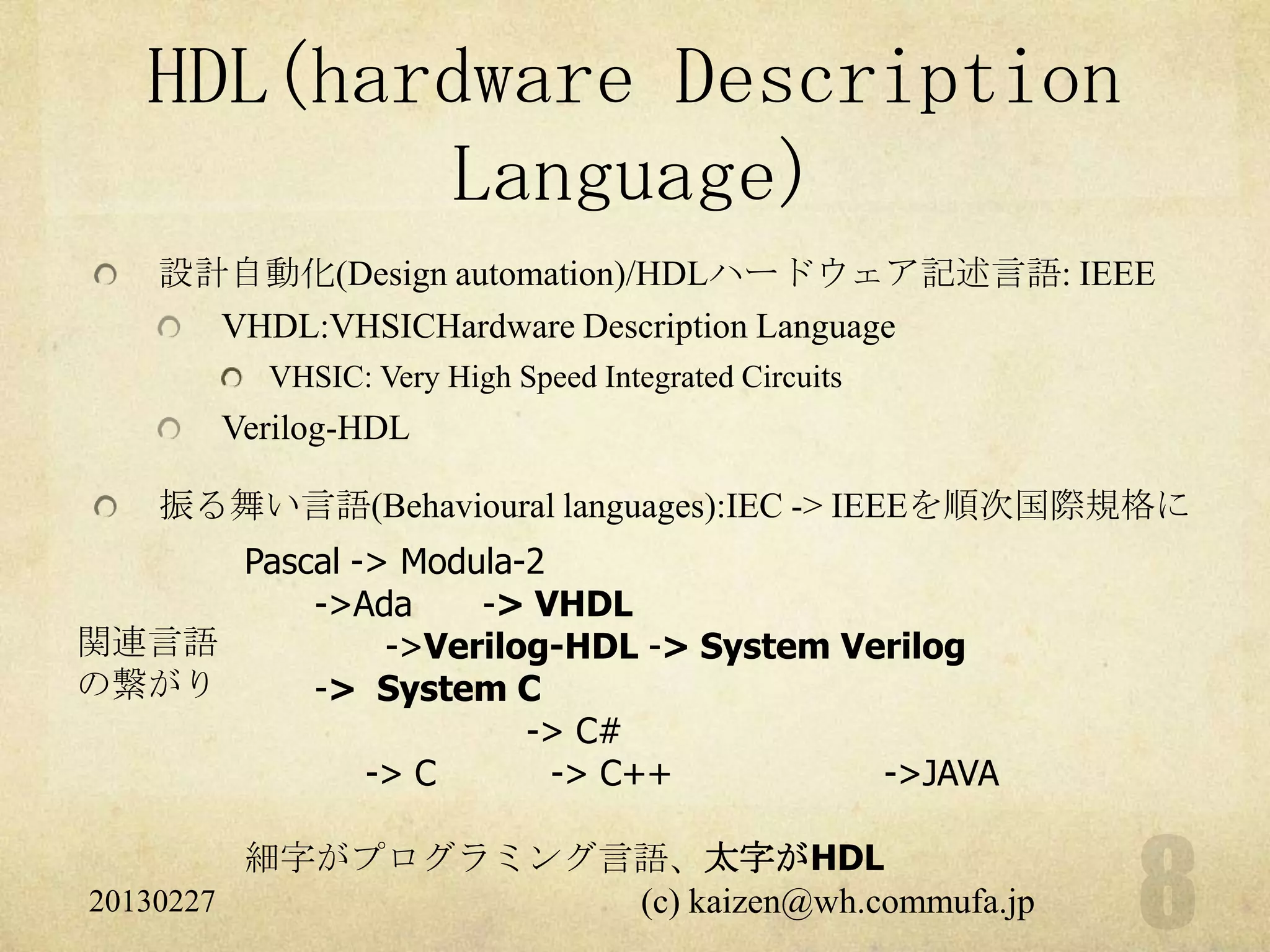 HDL(hardware Description
          Language)
    設計自動化(Design automation)/HDLハードウェア記述言語: IEEE
      VHDL:VHSICHardware Description Language
         VHSIC: Very High Speed Integrated Circuits
       Verilog-HDL

    振る舞い言語(Behavioural languages):IEC -> IEEEを順次国際規格に
     Pascal -> Modula-2
         ->Ada     -> VHDL
関連言語          ->Verilog-HDL -> System Verilog
の繋がり     -> System C
                      -> C#
             -> C       -> C++          ->JAVA

         細字がプログラミング言語、太字がHDL
20130227            (c) kaizen@wh.commufa.jp
 