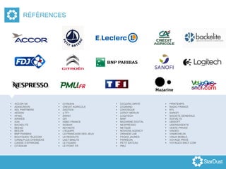 RÉFÉRENCES
 ACCOR SA
 AD4SCREEN
 ADL PARTNERS
 AEDIAN
 AFNIC
 AIRWEB
 AXA
 BACKELITE
 BEEAD
 BEEZIK
 BNP PARIBAS
 BOUYGUES TELECOM
 CANALPLUS OVERSEAS
 CAISSE D’EPARGNE
 CITADIUM
 CITROEN
 CREDIT AGRICOLE
 DIGITICK
 e-TF1
 EKINO
 GFI
 HSBC FRANCE
 ISOBAR
 KEYNOTE
 L’EQUIPE
 LA FRANCAISE DES JEUX
 LA REDOUTE
 LAST MINUTE
 LE FIGARO
 LE POINT.FR
 LECLERC DRIVE
 LEGRAND
 LEKIOSQUE
 LEROY MERLIN
 LOGITECH
 MAIF
 MAZARINE DIGITAL
 NESPRESSO
 NETSIZE
 NOVEDIA AGENCY
 ORANGE LAB
 PAGES JAUNES
 PARKEON
 PETIT BATEAU
 PMU
 PRINTEMPS
 RADIO FRANCE
 RTL
 SANOFI
 SOCIETE GENERALE
 SOFIALYS
 UBISOFT
 USERADGENTS
 VENTE PRIVEE
 VIADEO
 VIAMICHELIN
 VISUA MOBILE
 VOYAGE PRIVÉ
 VOYAGES SNCF.COM
 