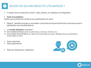 QU’EST-CE QU’UNE RECETTE UTILISATEUR ?
 ≠ recette usine (s’exécute en amont : tests unitaires, de validation et d’intégration)
 Tests d’acceptation :
Vérifier que le produit est conforme aux spécifications du client.
 Objectif : identifier les bugs ou anomalies c’est-à-dire tout écart fonctionnel ou technique entre la
spécification et le résultat observé.
 La recette utilisateur comprend :
 Une recette technique (tests de performance, connexion, mémoire, etc.)
 Une recette fonctionnelle (pour valider les fonctionnalités du produit, détaillées dans les spécifications
fonctionnelles du client)
 Tests scénarisés
 Tests exploratoires
 Tests de maintenance / régression
 