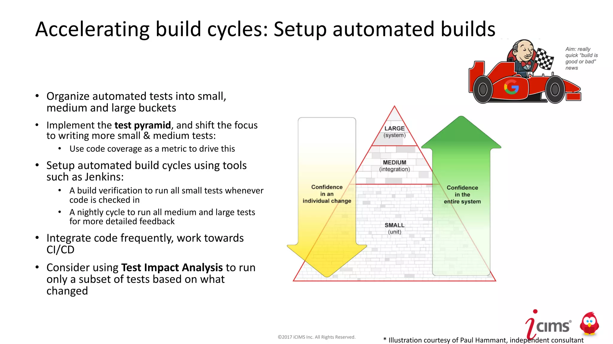 ©2017 iCIMS Inc. All Rights Reserved.
Accelerating build cycles: Setup automated builds
• Organize automated tests into small,
medium and large buckets
• Implement the test pyramid, and shift the focus
to writing more small & medium tests:
• Use code coverage as a metric to drive this
• Setup automated build cycles using tools
such as Jenkins:
• A build verification to run all small tests whenever
code is checked in
• A nightly cycle to run all medium and large tests
for more detailed feedback
• Integrate code frequently, work towards
CI/CD
• Consider using Test Impact Analysis to run
only a subset of tests based on what
changed
* Illustration courtesy of Paul Hammant, independent consultant
 