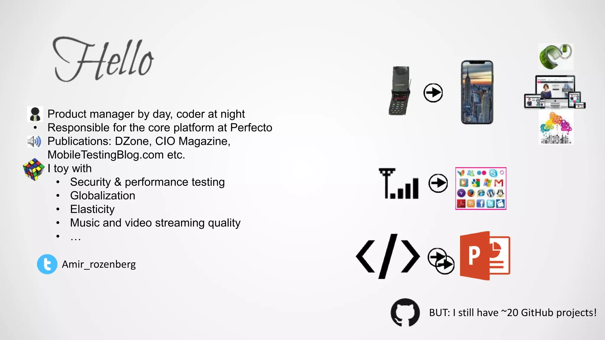BUT: I still have ~20 GitHub projects!
• Product manager by day, coder at night
• Responsible for the core platform at Perfecto
• Publications: DZone, CIO Magazine,
MobileTestingBlog.com etc.
• I toy with
• Security & performance testing
• Globalization
• Elasticity
• Music and video streaming quality
• …
Amir_rozenberg
 
