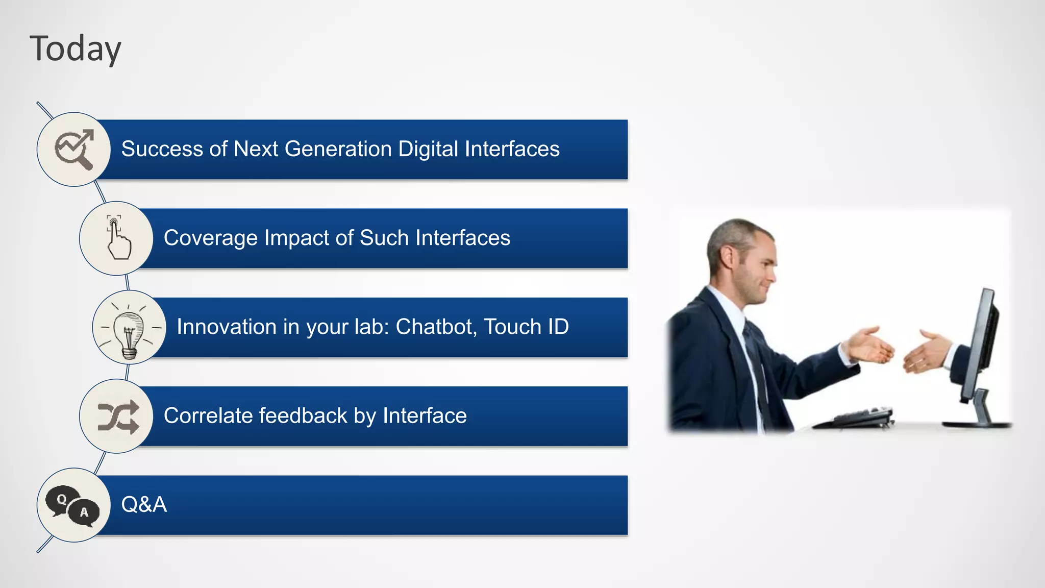 Today
Success of Next Generation Digital Interfaces
Coverage Impact of Such Interfaces
Innovation in your lab: Chatbot, Touch ID
Correlate feedback by Interface
Q&A
 