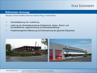 Referenzen (Auszug)
Neubau eines EvoBus Service Center Prag / Tschechien


        Werkstattplanung inkl. Ausführung
        Lieferung der Werkstattausrüstung (Hebetechnik, Abgas-, Brems- und
        Drucklufttechnik, Lagereinrichtung und Standardwerkzeug)
        Projektmanagement (Betreuung und Überwachung der gesamten Bauphase)




www.star-equipment.com   24.01.2011| © Alle Rechte bei Star Equipment GmbH. Jede Verwendung,
                         gesamt oder auszugsweise, nur mit Genehmigung der Star Equipment GmbH.
 