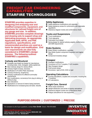 FREIGHT CAR ENGINEERING
   CAPABILITIES
   STARFIRE TECHNOLOGIES

 STARFIRE provides expertise in                                      Safety Appliances
 designing and analyzing new and                                     n
                                                                     Safety Appliance modifications and upgrades
 modified components, equipment, and                                 n
                                                                     Safety Appliance review for conformance with applicable
                                                                     regulations
 structures for railroad freight cars of                             n diagram review and conformance check
                                                                     Clearance
 any gauge and size. In addition,
 STARFIRE provides complete drawings                                 Trucks and Suspensions
 and drawing sets to support shop and                                n
                                                                     Truck modifications
 fabricating processes, as appropriate.                              n
                                                                     Truck regauging
 Applicable AAR, APTA, and FRA                                       n truck design
                                                                     Fabricated
                                                                     n
                                                                     Spring design for altered carbody weights, conformance
 regulations, specifications, and                                         with AAR requirements
 recommended practices are used as a
 basis for design and modification. End                              Brake Systems
 user requirements are also fully                                    n
                                                                     Brake System modifications, upgrades
 considered in STARFIRE's design                                     n System component integration and rigging
                                                                     New Brake
 process. The following outlines                                          design
                                                                     n bracketry design
                                                                     Component
 STARFIRE's capabilities.

 Carbody and Structural                                              Drawgear
                                                                     n modifications
                                                                     Drawgear
 n new freight car design for manufacture,
 Complete
    including brake, truck, drawgear, safety appliances
                                                                     n of E to F couplers, F to E couplers
                                                                     Conversion
 n
 New Carbody design for rebody efforts                               n
                                                                     New Drawgear design
 n height increase, decrease
 Carbody                                                             n
                                                                     Draft pocket design
 n
 Modification to fit within Plate clearances                         n
                                                                     Conversion: rigid to EOC, EOC to rigid
 n shortening, lengthening
 Carbody
 n modifications for different commodity
 Carbody                                                             Operating Calculations
 requirements                                                        ncalculations, coupled and uncoupled, including No.
                                                                     Curving
 n
 Door modifications, conversions from plug to sliding, or                 7 crossover
 sliding to plug                                                     n
                                                                     L/V calculations
 n
 Door relocations
 n
 Applications or removal of interior lading restraints
                                                                     Freight Cars, General
 n
 Modifications for increased gross rail loads, rebuilds
                                                                     n
                                                                     Wreck repair assistance
                                                                     n
                                                                     Weight distribution and center of gravity calculations
                                                                     n diagram review and conformance check
                                                                     Clearance
                                                                     ncalculations for new equipment
                                                                     Fatigue




                    PURPOSE-DRIVEN | CUSTOMIZED | PRECISE
                             Copyright 2011 Starfire Engineering All Rights Reserved www.starfireengineering.com


For answers to all of your questions, contact Ken Smith Direct: 785-979-9469                                 INVENTIVE
www.starfireengineering.com
                                                                                                            SOLUTIONS
2429 Iowa Street, Suite K, Lawrence, Kansas 66046-4040 USA                                                 INNOVATIVE
Phone 785-842-1111 Fax 785-842-8811                                                                            DESIGNS
 