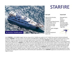 STARFIRE
Wet Stuff:
36ft Jet Drive Hinckley
15ft Nautica
2x Seabobs
2x Two person Wave Runners
Kawasaki 850cc Jet Ski 
2x One person kayak
2x Two person kayak
Trampoline
five person water toboggan
Wake board
Tow tubes
Snorkeling equipment
Water skis
Yacht STARFIRE is 178’ (54M)in length. She has a beam of 31.5’ (9.6M) and a draft of 11.6” (3.5M). She was built in Italy by the Benetti
boatyard. STARFIRE is 757 tons and has a fuel capacity of 35,000 gallons (140,000 liters). Her maximum speed is 15 knots and she cruises 
at 12 knots. She has a steel hull and an aluminum superstructure. Launched in 1998, STARFIRE has been through three refits, one in 
2002,one in 2004 and 2012. Included in her 2004 refit was the addition of at‐anchor zero speed stabilization, which is a true advancement 
in the yacht’s performance. STARFIRE has the latest and most technologically advanced communication system in the industry. With a new 
Ku‐band satellite, we are now able to offer full communication while docked and at sea. This innovative system provides guests with high 
speed wireless internet access around the world. In addition, a state of the art audio visual system has been installed to provide the best 
available programming and reception no matter the destination!  Along with STARFIRE’S technical advances, her 2012 refit included an 
interior transformation to  Modern Art Deco. To better suit the owners’ style, custom furniture and exquisite fabrics were paired to create 
an elegant and inviting yacht. Great effort and craftsmanship were expended to insure STARFIRE’S appearance and performance are at the 
highest of levels.
Sweat Stuff:
Massage Room 
Sauna 
Treadmill 
Elliptical 
Recumbent Bike 
Assorted Weights
Workout Bands
Yoga Mats  
 