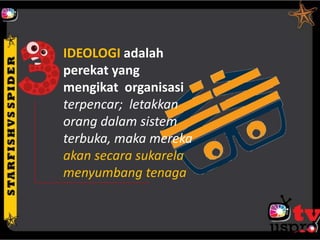 IDEOLOGI adalah
perekat yang
mengikat organisasi
terpencar; letakkan
orang dalam sistem
terbuka, maka mereka
akan secara sukarela
menyumbang tenaga
 