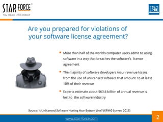 You create – We protect
www.star-force.com 2
 More than half of the world’s computer users admit to using
software in a w...