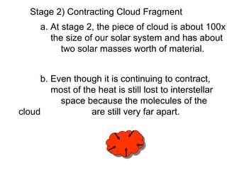 Stage 2) Contracting Cloud Fragment
      a. At stage 2, the piece of cloud is about 100x
         the size of our solar system and has about
            two solar masses worth of material.


     b. Even though it is continuing to contract,
        most of the heat is still lost to interstellar
          space because the molecules of the
cloud             are still very far apart.
 