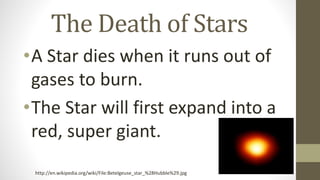 The Death of Stars
•A Star dies when it runs out of
gases to burn.
•The Star will first expand into a
red, super giant.
http://en.wikipedia.org/wiki/File:Betelgeuse_star_%28Hubble%29.jpg
 