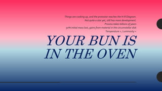 YOUR BUN IS
IN THE OVEN
Things are cooking up, and the protostar reaches the H-R Diagram.
Not quite a star yet, still has more development.
Process takes billions of years
50% initial mass lost, gains from material in the circumstellar disk
Temperature >, Luminosity <
 