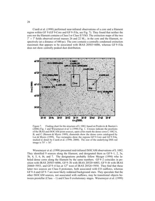 28

     Ciardi et al. (1998) performed near-infrared observations of a core and a ﬁlament
region within GF 9 (GF 9-Core and GF 9–Fila, see Fig. 7). They found that neither the
core nor the ﬁlament contains a Class I or Class II YSO. The extinction maps of the two
7′ × 7′ ﬁelds observed reveal masses 26 and 22 M⊙ in the core and the ﬁlament, re-
spectively (at a distance of 440 pc). The core contains a centrally condensed extinction
maximum that appears to be associated with IRAS 20503+6006, whereas GF 9–Fila
does not show centrally peaked dust distribution.




     Figure 7. Finding chart for the structure of L 1082, based on Poidevin & Bastien’s
     (2006) Fig. 1 and Wiesemeyer et al.’s (1998) Fig. 1. Crosses indicate the positions
     of the IRAS and ISOCAM point sources, open cirles mark the dense cores L 1082 A,
     B, and C (Benson & Myers 1989), diamonds show the dense cores catalogued by
     Lee & Myers (1999). Two rectangles show the regions GF 9 Core and GF 9 Fila,
     studied in detail by Ciardi et al. (1998; 2000). The size of the underlying DSS red
     image is 70′ × 50′ .


      Wiesemeyer et al. (1998) presented mid-infrared ISOCAM observations of L 1082.
They identiﬁed 9 sources along the ﬁlament, and designated them as GF 9–1, 2, 3a,
3b, 4, 5, 6, I6, and 7. The designations probably follow Mezger (1994) who la-
beled dense cores along the ﬁlament by the same numbers. GF 9–2 coincides in po-
sition with IRAS 20503+6006, GF 9–3b with IRAS 20520+6003, GF 9–I6 with IRAS
20468+5953, and GF 9–4 lies at 12′′ west of IRAS 20526+5958. They ﬁnd that these
latter two sources are Class 0 protostars, both associated with CO outﬂows, whereas
GF 9–6 and GF 9–7 are most likely reddened background stars. They speculate that the
other ISOCAM sources, not associated with outﬂows, may be transitional objects be-
tween prestellar (Class −1) and Class 0 evolutionary stages. Wiesemeyer et al. (1999)
 