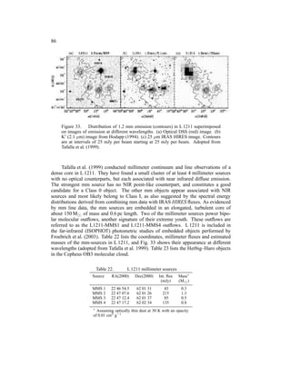 86




     Figure 33. Distribution of 1.2 mm emission (contours) in L 1211 superimposed
     on images of emission at different wavelengths. (a) Optical DSS (red) image. (b)
     K′ (2.1 µm) image from Hodapp (1994). (c) 25 µm IRAS HIRES image. Contours
     are at intervals of 25 mJy per beam starting at 25 mJy per beam. Adopted from
     Tafalla et al. (1999).



      Tafalla et al. (1999) conducted millimeter continuum and line observations of a
dense core in L 1211. They have found a small cluster of at least 4 millimeter sources
with no optical counterparts, but each associated with near infrared diffuse emission.
The strongest mm source has no NIR point-like counterpart, and constitutes a good
candidate for a Class 0 object. The other mm objects appear associated with NIR
sources and most likely belong to Class I, as also suggested by the spectral energy
distributions derived from combining mm data with IRAS HIRES ﬂuxes. As evidenced
by mm line data, the mm sources are embedded in an elongated, turbulent core of
about 150 M⊙ of mass and 0.6 pc length. Two of the millimeter sources power bipo-
lar molecular outﬂows, another signature of their extreme youth. These outﬂows are
referred to as the L1211-MMS1 and L1211-MMS4 outﬂows. L 1211 is included in
the far-infrared (ISOPHOT) photometric studies of embedded objects performed by
Froebrich et al. (2003). Table 22 lists the coordinates, millimeter ﬂuxes and estimated
masses of the mm-sources in L 1211, and Fig. 33 shows their appearance at different
wavelengths (adopted from Tafalla et al. 1999). Table 23 lists the Herbig–Haro objects
in the Cepheus OB3 molecular cloud.

                         Table 22.      L 1211 millimeter sources
                    Source       RA(2000)    Dec(2000)    Int. ﬂux   Mass∗
                                                           (mJy)     (M⊙ )
                    MMS 1       22 46 54.5   62 01 31        45       0.3
                    MMS 2       22 47 07.6   62 01 26       215       1.3
                    MMS 3       22 47 12.4   62 01 37        85       0.5
                    MMS 4       22 47 17.2   62 02 34       135       0.8
                     ∗
                       Assuming optically thin dust at 30 K with an opacity
                     of 0.01 cm2 g−1
 