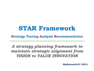 STAR Framework
Strategy Tracing Analysis Recommendation


A strategy planning framework to
maintain strategic alignment from
  VISION to VALUE INNOVATION

                            Madhuranath R ©2012
 