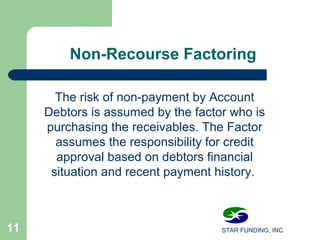 STAR FUNDING, INC.11
Non-Recourse Factoring
The risk of non-payment by Account
Debtors is assumed by the factor who is
purchasing the receivables. The Factor
assumes the responsibility for credit
approval based on debtors financial
situation and recent payment history.
 