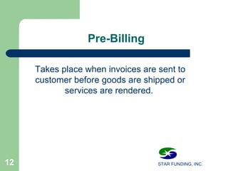 STAR FUNDING, INC.12
Pre-Billing
Takes place when invoices are sent to
customer before goods are shipped or
services are rendered.
 