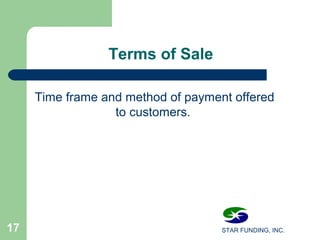 STAR FUNDING, INC.17
Terms of Sale
Time frame and method of payment offered
to customers.
 