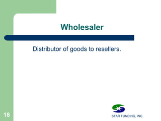 STAR FUNDING, INC.18
Wholesaler
Distributor of goods to resellers.
 