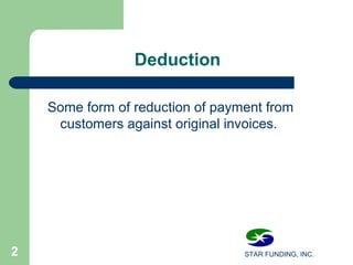 STAR FUNDING, INC.2
Deduction
Some form of reduction of payment from
customers against original invoices.
 