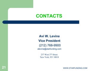 WWW.STARFUNDING.COM21
Avi W. Levine
Vice President
(212) 768-9900
alevine@starfunding.com
237 West 37th
Street.
New York, NY 10018
CONTACTS
 