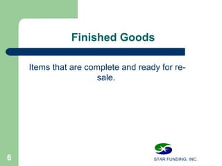 STAR FUNDING, INC.6
FinishedGoods
Items that are complete and ready for re-
sale.
 
