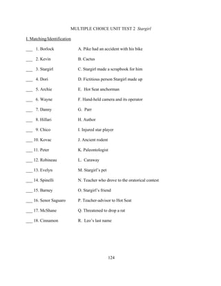 MULTIPLE CHOICE UNIT TEST 2 Stargirl

I. Matching/Identification

___ 1. Borlock               A. Pike had an accident with his bike

___ 2. Kevin                 B. Cactus

___ 3. Stargirl              C. Stargirl made a scrapbook for him

___ 4. Dori                  D. Fictitious person Stargirl made up

___ 5. Archie                E. Hot Seat anchorman

___ 6. Wayne                 F. Hand-held camera and its operator

___ 7. Danny                 G. Parr

___ 8. Hillari               H. Author

___ 9. Chico                 I. Injured star player

___ 10. Kovac                J. Ancient rodent

___ 11. Peter                K. Paleontologist

___ 12. Robineau             L. Caraway

___ 13. Evelyn               M. Stargirl’s pet

___ 14. Spinelli             N. Teacher who drove to the oratorical contest

___ 15. Barney               O. Stargirl’s friend

___ 16. Senor Saguaro        P. Teacher-advisor to Hot Seat

___ 17. McShane              Q. Threatened to drop a rat

___ 18. Cinnamon             R. Leo’s last name




                                                 124
 