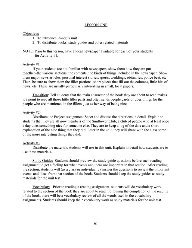 Stargirl lesson plan