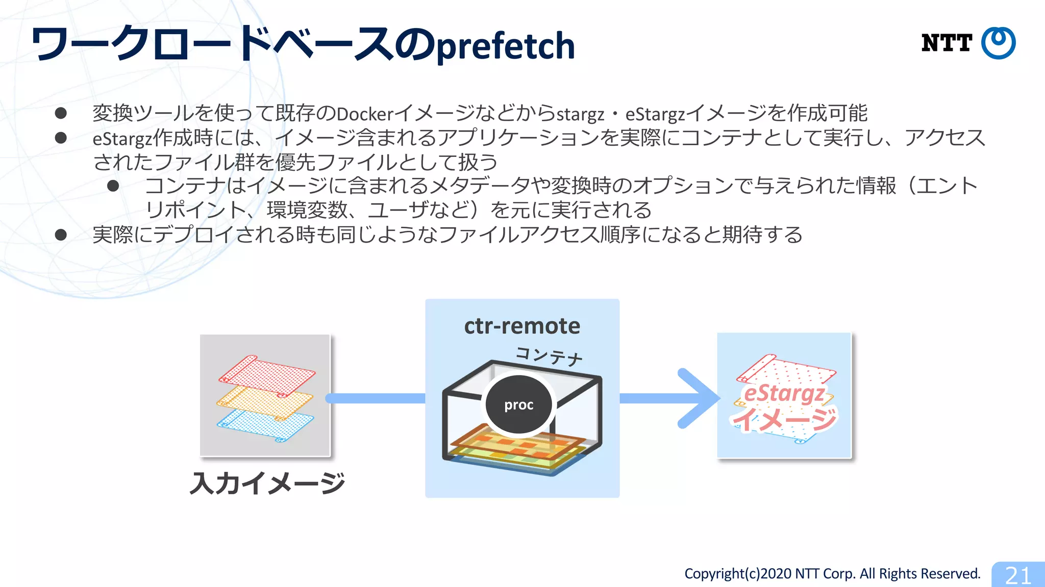 Copyright(c)2020 NTT Corp. All Rights Reserved
prefetch
l Docker 21 stargz eStargz
l eStargz
l
21
l 2 2
eStargzproc
ctr-remote
 