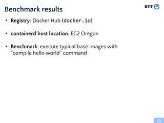 • Registry: Docker Hub (docker.io)
• containerd host location: EC2 Oregon
• Benchmark: execute typical base images with
“c...