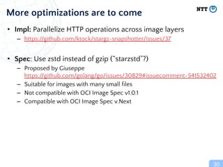 • Impl: Parallelize HTTP operations across image layers
– https://github.com/ktock/stargz-snapshotter/issues/37
• Spec: Us...