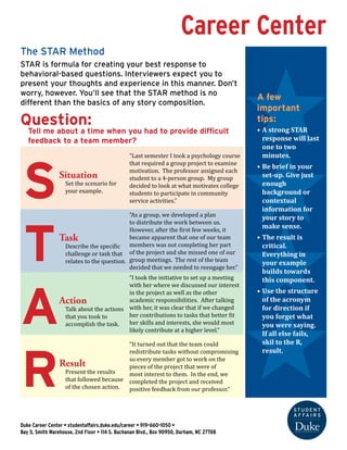 Career Center 
The STAR Method 
STAR is formula for creating your best response to 
behavioral-based questions. Interviewers expect you to 
present your thoughts and experience in this manner. Don’t 
worry, however. You’ll see that the STAR method is no 
different than the basics of any story composition. 
Question: 
Tell me about a time when you had to provide difficult 
feedback to a team member? 
“Last semester I took a psychology course 
that required a group project to examine 
motivation. The professor assigned each 
student to a 4-person group. My group 
decided to look at what motivates college 
students to participate in community 
service activities.” 
“As a group, we developed a plan 
to distribute the work between us. 
However, after the first few weeks, it 
became apparent that one of our team 
members was not completing her part 
of the project and she missed one of our 
group meetings. The rest of the team 
decided that we needed to reengage her.” 
“I took the initiative to set up a meeting 
with her where we discussed our interest 
in the project as well as the other 
academic responsibilities. After talking 
with her, it was clear that if we changed 
her contributions to tasks that better fit 
her skills and interests, she would most 
likely contribute at a higher level.” 
“It turned out that the team could 
redistribute tasks without compromising 
so every member got to work on the 
pieces of the project that were of 
most interest to them. In the end, we 
completed the project and received 
positive feedback from our professor.” 
S 
T 
A 
R 
Situation 
Set the scenario for 
your example. 
Task 
Describe the specific 
challenge or task that 
relates to the question. 
Action 
Talk about the actions 
that you took to 
accomplish the task. 
Result 
Present the results 
that followed because 
of the chosen action. 
A few 
important 
tips: 
• A strong STAR 
response will last 
one to two 
minutes. 
• Be brief in your 
set-up. Give just 
enough 
background or 
contextual 
information for 
your story to 
make sense. 
• The result is 
critical. 
Everything in 
your example 
builds towards 
this component. 
• Use the structure 
of the acronym 
for direction if 
you forget what 
you were saying. 
If all else fails, 
skil to the R, 
result. 
Duke Career Center • studentaffairs.duke.edu/career • 919-660-1050 • 
Bay 5, Smith Warehouse, 2nd Floor • 114 S. Buchanan Blvd., Box 90950, Durham, NC 27708 
 