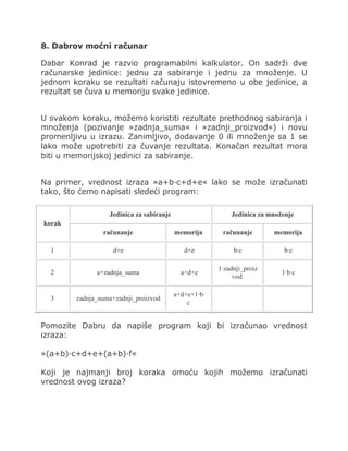8. Dabrov moćni računar
Dabar Konrad je razvio programabilni kalkulator. On sadrži dve
računarske jedinice: jednu za sabiranje i jednu za množenje. U
jednom koraku se rezultati računaju istovremeno u obe jedinice, a
rezultat se čuva u memoriju svake jedinice.
U svakom koraku, možemo koristiti rezultate prethodnog sabiranja i
množenja (pozivanje »zadnja_suma« i »zadnji_proizvod«) i novu
promenljivu u izrazu. Zanimljivo, dodavanje 0 ili množenje sa 1 se
lako može upotrebiti za čuvanje rezultata. Konačan rezultat mora
biti u memorijskoj jedinici za sabiranje.
Na primer, vrednost izraza »a+b∙c+d+e« lako se može izračunati
tako, što ćemo napisati sledeći program:
korak
Jedinica za sabiranje Jedinica za množenje
računanje memorija računanje memorija
1 d+e d+e b∙c b∙c
2 a+zadnja_suma a+d+e
1∙zadnji_proiz
vod
1∙b∙c
3 zadnja_suma+zadnji_proizvod
a+d+e+1∙b∙
c
Pomozite Dabru da napiše program koji bi izračunao vrednost
izraza:
»(a+b)∙c+d+e+(a+b)∙f«
Koji je najmanji broj koraka omoću kojih možemo izračunati
vrednost ovog izraza?
 