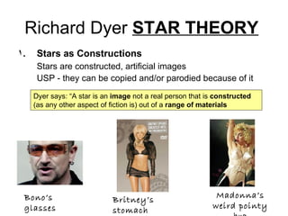Richard Dyer  STAR THEORY   Stars as Constructions Stars are constructed, artificial images USP - they can be copied and/or parodied because of it Bono’s glasses Britney’s stomach Madonna’s weird pointy bra Dyer says: “A star is an  image  not a real person that is  constructed  (as any other aspect of fiction is) out of a  range of materials   