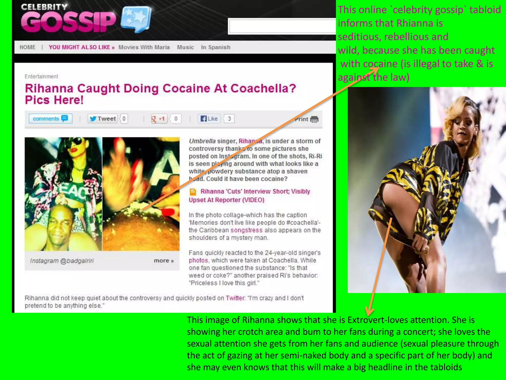 This online `celebrity gossip` tabloid
informs that Rhianna is
seditious, rebellious and
wild, because she has been caught
with cocaine (is illegal to take & is
against the law)
This image of Rihanna shows that she is Extrovert-loves attention. She is
showing her crotch area and bum to her fans during a concert; she loves the
sexual attention she gets from her fans and audience (sexual pleasure through
the act of gazing at her semi-naked body and a specific part of her body) and
she may even knows that this will make a big headline in the tabloids
 